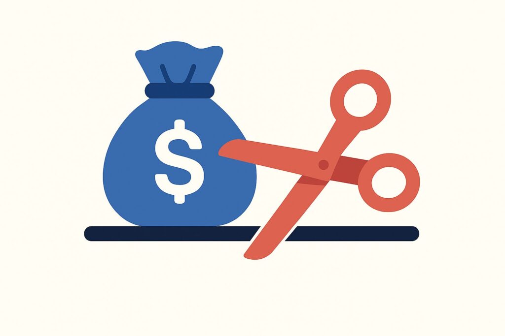 A scissor cutting a bag of money.